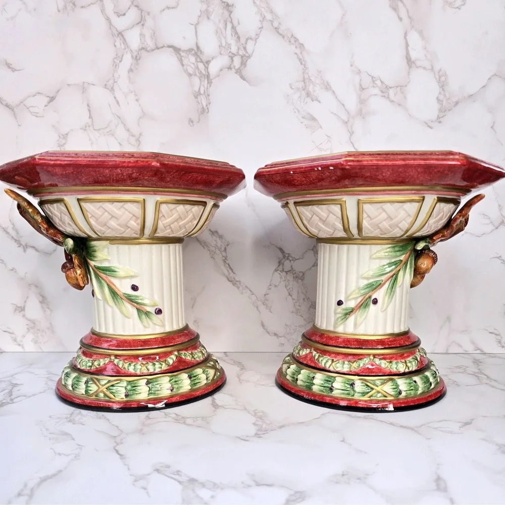Fitz Floyd Equestrian Octagonal Pillar Candle Holders Pair Acorn Oak Leaf Large